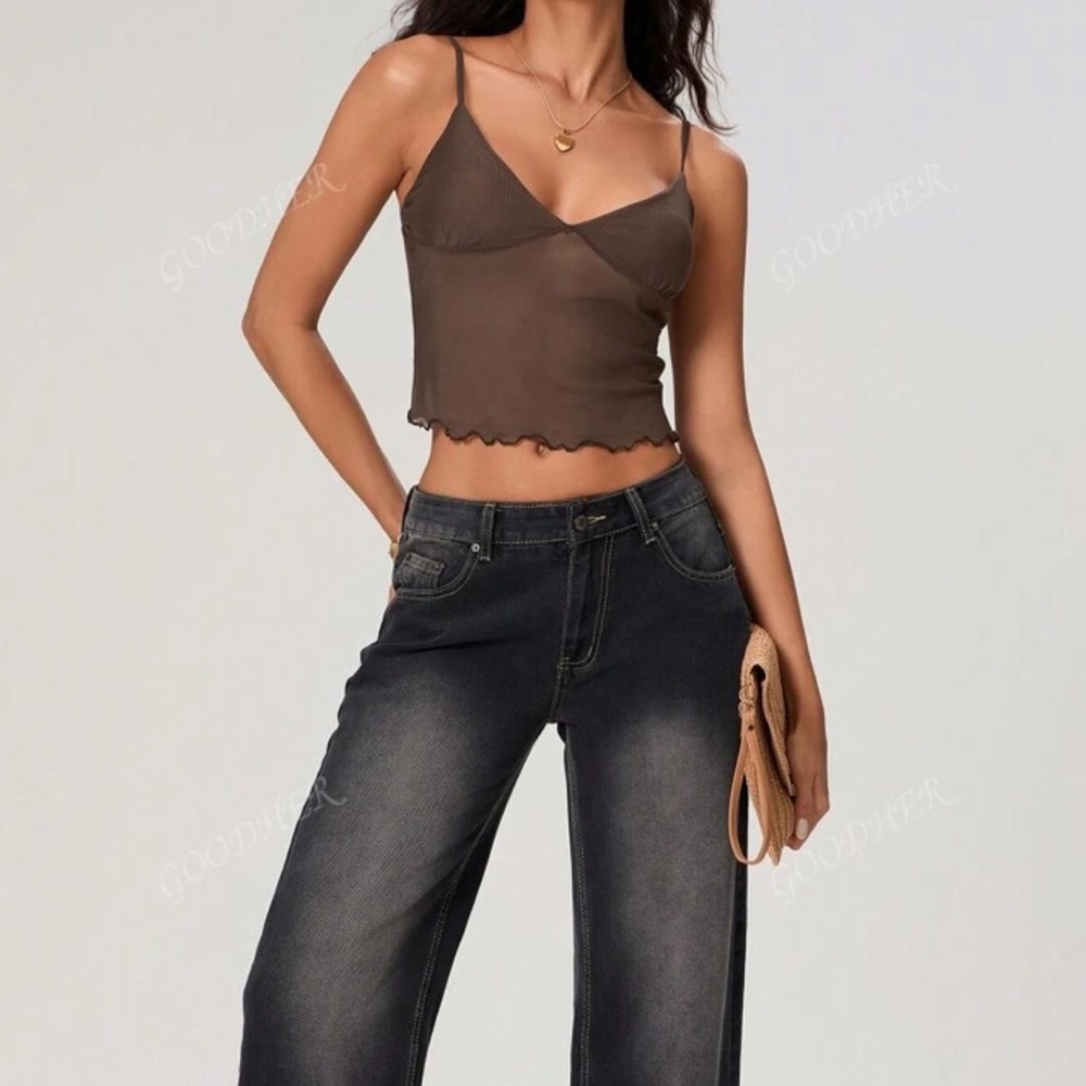 SHEIN V Neck Floral Lace Camisole Brown